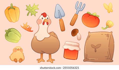 Cute cottagecore vector. Autumn farm with chicken, garden tools and agriculture growing. Cozy fall village element collection for rural game. Peppers, honey bottle and shovel cartoon drawing kit