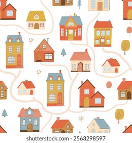 Cute cottages, countryside houses seamless pattern with doodles for prints, wallpaper, scrapbooking, backgrounds, wrapping paper, textile, etc. EPS 10