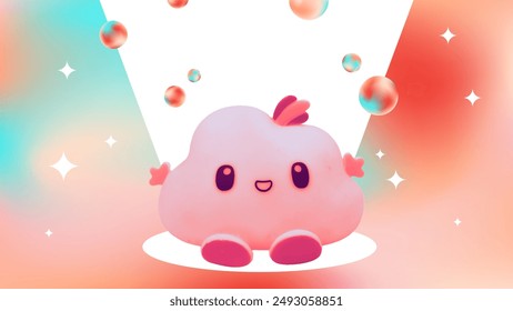 Cute cotton candy cloud doll collage art. Pinkish girly illustration with blurred gradient background.