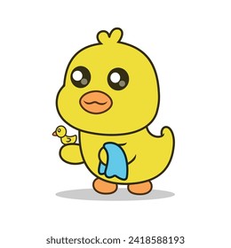 Cute cotton duck boy is about to take a bath carrying duck toys and towels