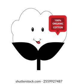 Cute cotton flower with eyes and mouth and a red speech bubble with the message 100% organic cotton