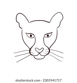 Cute cara de cougar, retrato dibujado a mano ilustración de caricatura, boceto. Arte de línea, diseño de estilo de dibujo, vector aislado. Animales tropicales, vida silvestre de la jungla, gatos grandes, safari, naturaleza, elemento impreso