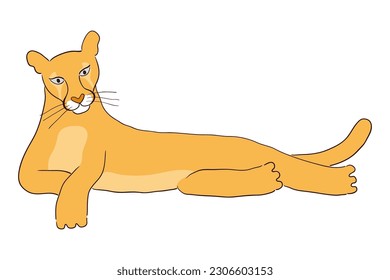 Cute cougar laying down hand drawn cartoon character illustration, sketch. Line art, drawing style design, isolated vector. Tropical animal, jungle wildlife, big cats, safari, nature, print element