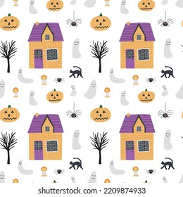 Cute counrty houses and ghost Halloween pattern. Vector houses, ghosts, pumpkins and cats seamless pattern