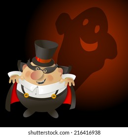 Cute Count Dracula with ghost. Halloween background.