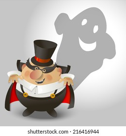 Cute Count Dracula with ghost. Halloween background.