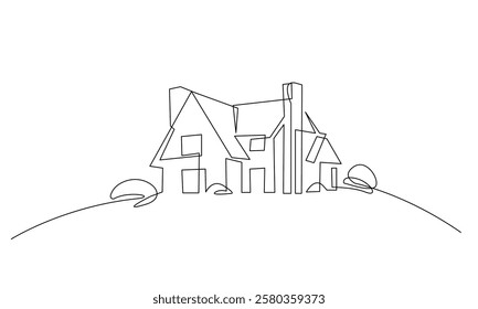 Cute Country House Continuous One Line Drawing. Family Home Simple Minimalist Line Art Drawing Black Sketch Isolated on White Background. Simple Outline Vector Illustration. Not AI