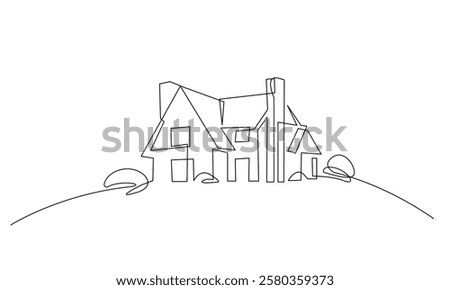 Cute Country House Continuous One Line Drawing. Family Home Simple Minimalist Line Art Drawing Black Sketch Isolated on White Background. Simple Outline Vector Illustration. Not AI