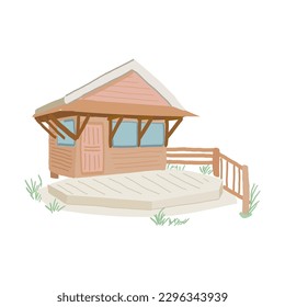 Cute country house with door, window and porch. Exterior of home. Village cottage among trees. Colored flat vector illustration isolated on white background