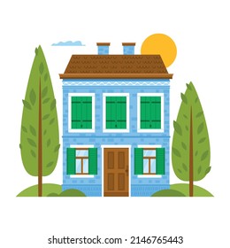 Cute country house with door and windows. Village cottages among trees. llustration for home, real estate, residential area concept