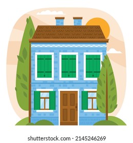 Cute country houses with door and windows. Village cottages among trees. llustration for home, real estate, residential area concept