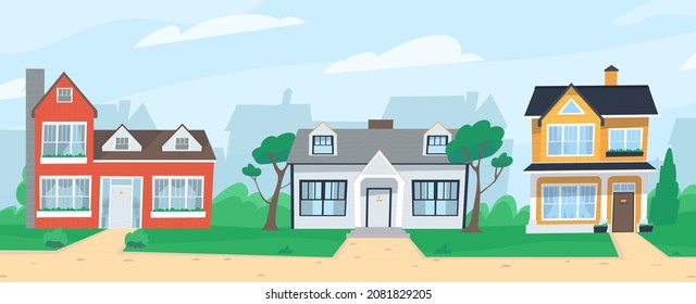 Cute country houses outside in the summer. Narrative flat vector illustration