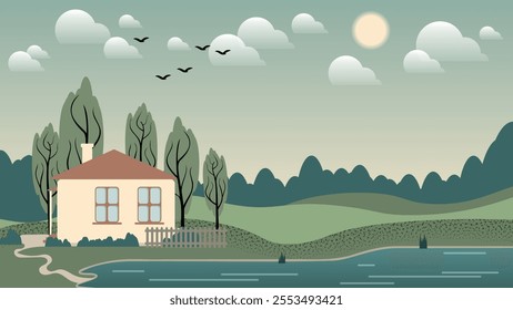 Cute country landscape. A small house with a yard, a garden, a fence near a pond among fields against the background of a forest, sky with the sun, clouds, flying birds. Vector.