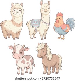 Un lindo Vector de animales del campo ilustrado en estilo de dibujos animados dibujado a mano, con
alpaca, llama, gallo, becerro y pony. La obra utiliza líneas de boceto suaves y tonos pastel
crear un ambiente rural cálido y agradable.

Conveniente para los libros de los niños, materiales de la educación de la granja, hojas de trabajo, ilustraciones del libro de cuentos,
y diseños temáticos de viveros. El aspecto dibujado a mano añade un toque personal y encantador mientras
mantener la calidad del Vector limpio. Aislado sobre fondo blanco y fácil de usar para ambos
proyectos impresos y digitales.
