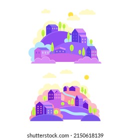 Cute countryside landscape in purple and pink colors. Houses and trees on hills vector illustration