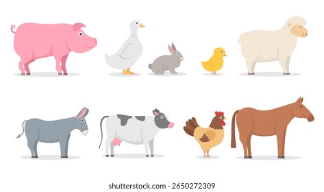 Cena de campo bonito com animais domésticos vaca porco cabra ovelha galinha cavalo pato cão coelho galo galo abelha bebê animal de estimação plano desenho animado mascote gráfico crianças clip art coleção

