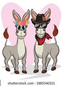 Cute couple animal cartoon donkey for Valentines Day Card.