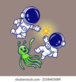 Cute Couple Astronaut And Alien Catching Star Cartoon Vector 
Icon Illustration. Science Technology Icon Concept Isolated 
Premium Vector. Flat Cartoon Style 