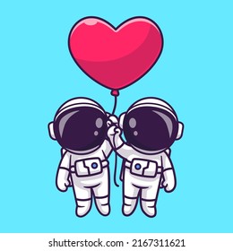 Cute Couple Astronaut Floating With Love Heart Balloon Cartoon Vector Icon Illustration. Science Technology Icon Concept Isolated Premium Vector. Flat Cartoon Style