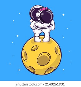 Cute Couple Astronaut Hug On The Moon Cartoon Vector Icon Illustration. Science Technology Icon Concept Isolated Premium Vector. Flat Cartoon Style