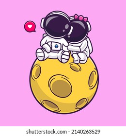 Cute Couple Astronaut Sitting On The Moon Cartoon Vector Icon Illustration. Science Technology Icon Concept Isolated Premium Vector. Flat Cartoon Style