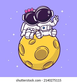 Cute Couple Astronaut Sitting On The Moon With Peace Hand Cartoon Vector Icon Illustration. Science Technology Icon Concept Isolated Premium Vector. Flat Cartoon Style