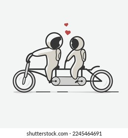 cute couple astronauts 
ride a bicycle art illustrations