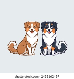 Cute Couple Australian Shepherd Dog Cartoon Vector Icon Illustration. Animal Nature Icon Concept Isolated Premium Vector. Flat Cartoon Style