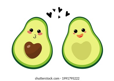 Cute couple avocado emojis and hearts   heart  shaped bones  A smile   kiss  Vector illustration  Design for T  shirts  postcards 