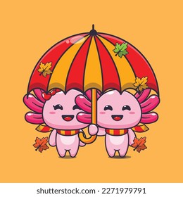 Cute couple axolotl with umbrella at autumn season.