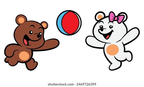 Cute couple baby bear cartoon characters playing volleyball at beach where summer time. Best for sticker, logo, and mascot with summer themes for kids
