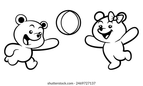 Cute couple baby bear cartoon characters playing volleyball at beach where summer time. Best for outline, logo, and coloring book with summer themes for kids