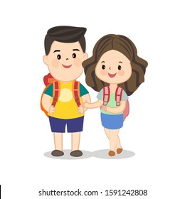 Cute couple backpacker character vector