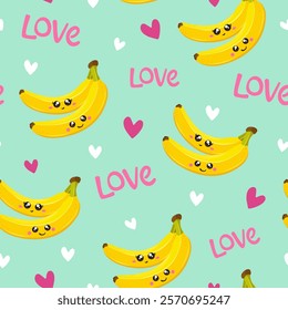 Cute couple of bananas seamless pattern. Love vector illustration.