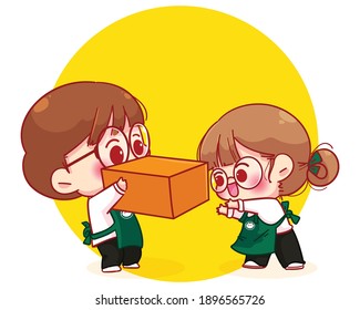 Cute couple Barista in apron carrying box cartoon character illustration