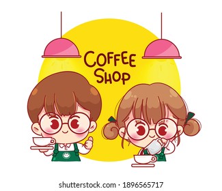 Cute couple Barista in apron Coffee making cartoon character illustration