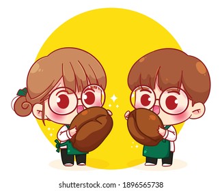 Cute couple Barista in apron holding coffee beans cartoon character illustration