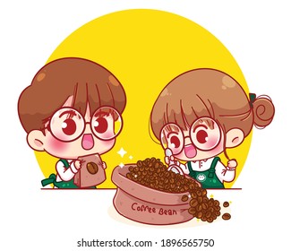 Cute couple Barista in apron scoop coffee beans cartoon character illustration