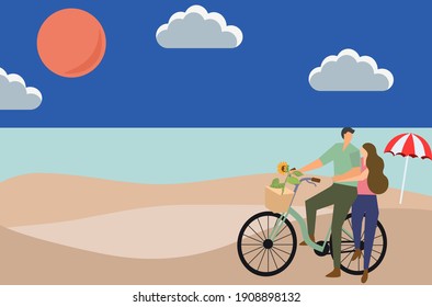 Cute couple at the beach. Flat design of beach background.