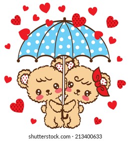 Cute Couple bear cartoon hold Umbrella in heart rain on white background