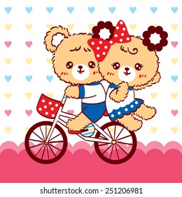 Cute couple bear cartoon ride bicycle on heart background