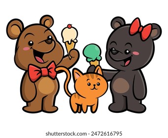 Pareja linda oso cachorro que lleva pajarita y lazos de pelo mariposa comer helado con gatito que acarician. Mejor para la etiqueta engomada, el logotipo y la mascota para la heladería