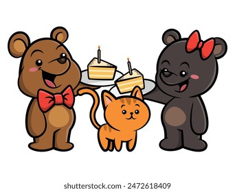 Lindo osezno de la pareja que lleva corbata y lazos de pelo de mariposa celebra el cumpleaños con el gatito que acarician. Mejor para pegatina, logotipo y mascota con temas de cumpleaños