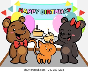 Lindo osezno de la pareja que lleva corbata y lazos de pelo de mariposa celebra el cumpleaños con el gatito que acarician. Mejor para pegatina, logotipo y mascota con temas de feliz cumpleaños para los niños