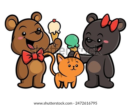 Cute couple bear cub wearing bowtie and butterfly hair ties eating ice cream with kitten they pet. Best for sticker, logo, and mascot for ice cream shop