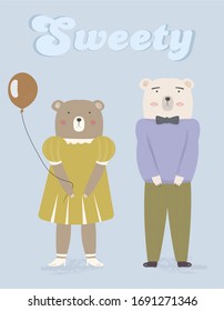 Cute couple of bear in modern clothes. Hand drawn vector cartoon illustration. Can be used for t-shirt print, kids wear fashion design, baby shower invitation card greeting card. Kids illustration