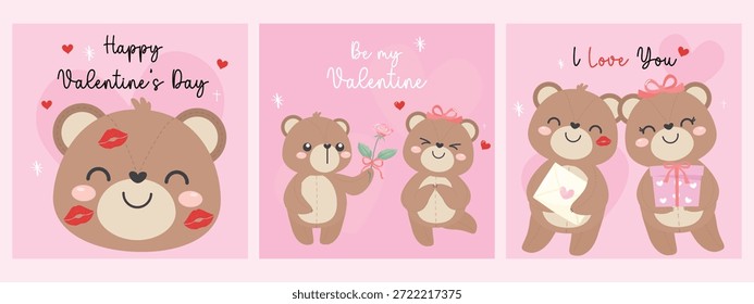 Netter Paarbär auf rosafarbenem Pastellhintergrund mit Liebe und romantischen Konzepten Fröhlichen Valentinstag, Valentinstag oder Hochzeitstag, Postkarte. Bezauberndes Zeichen, Vektorgrafik, flaches Design.