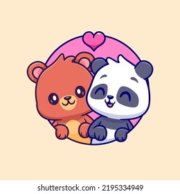 Cute Couple Bear And Cute Panda With Love Cartoon Vector Icon Illustration. Animal Nature Icon Concept Isolated Premium Vector. Flat Cartoon Style