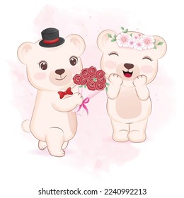 Cute Couple Bear and rose bouquet, Valentine's day concept illustration