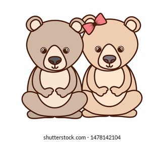 cute couple of bears on white background